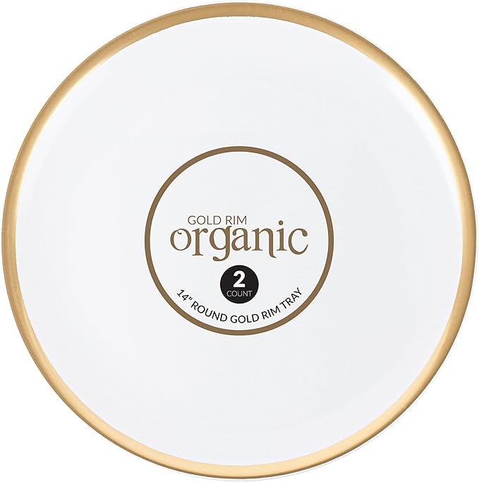 Plasticpro Plastic Serving Trays – Round Serving Platters with Gold Rim 14X14 Disposable Party DishPack of 2