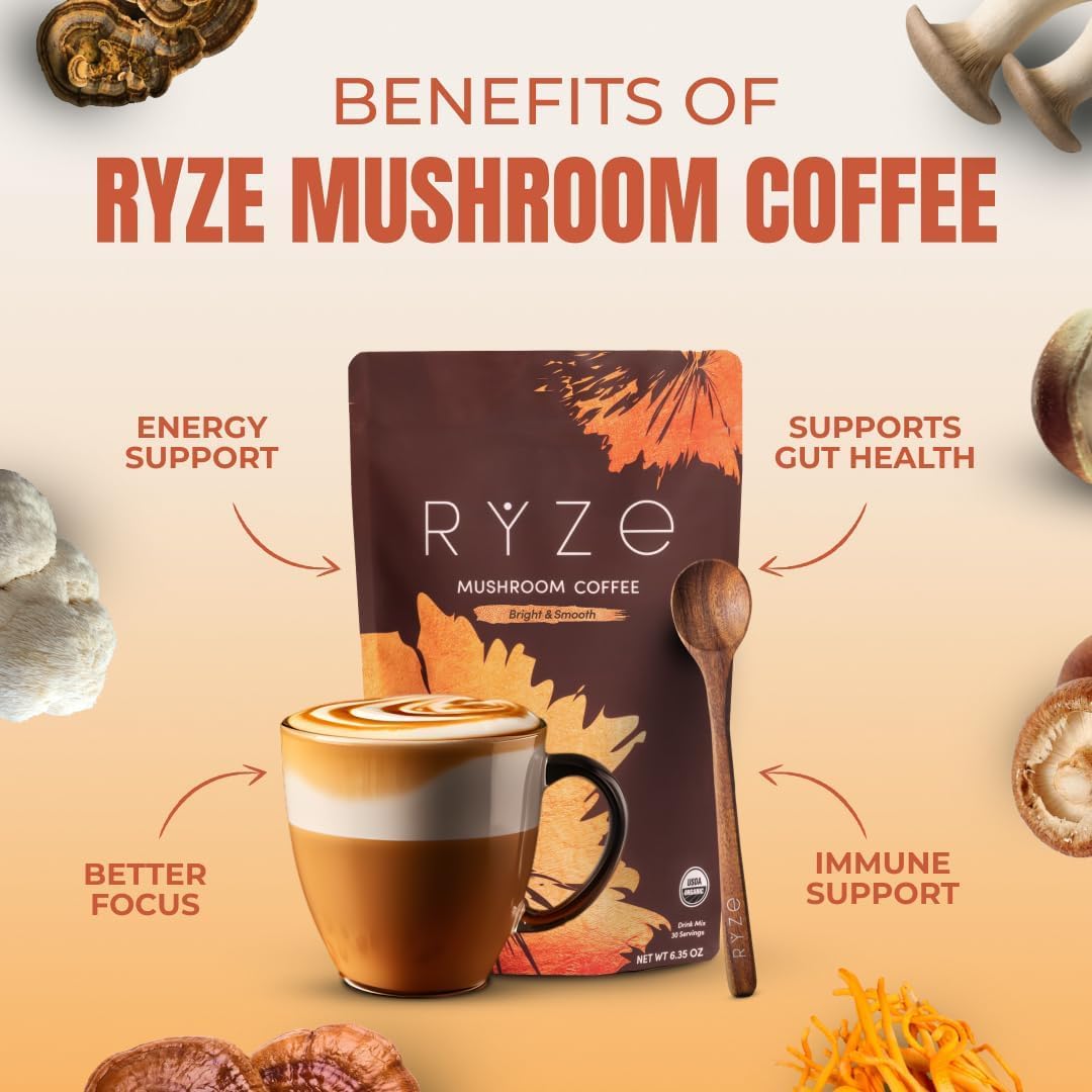 RYZE SUPERFOODS Mushroom Medium Roast Coffee 30 Servings