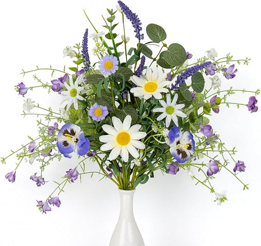 FloralElegance Artificial Spring Flowers 4 Pack Spring Floral Picks 17 Inch Flower Stems with Daisies Lavender Butterfly Orchids for Vases Centerpieces Flower Arrangements Springtime Easter Festival