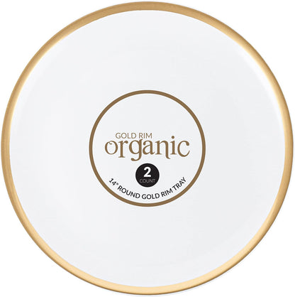 Plasticpro Plastic Serving Trays – Round Serving Platters with Gold Rim 14X14 Disposable Party DishPack of 2