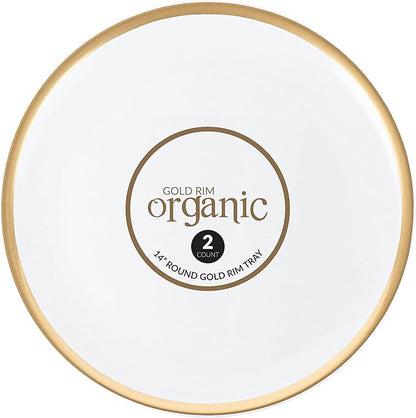 Plasticpro Plastic Serving Trays – Round Serving Platters with Gold Rim 14X14 Disposable Party DishPack of 2