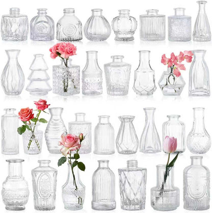 Set of 20 Glass Bud Vases,Small Clear Vases,Wedding Centerpiece Table Decorations,Clear Vintage Embossed Mini Vases,Flower Arrangements in for Party or Home Decor