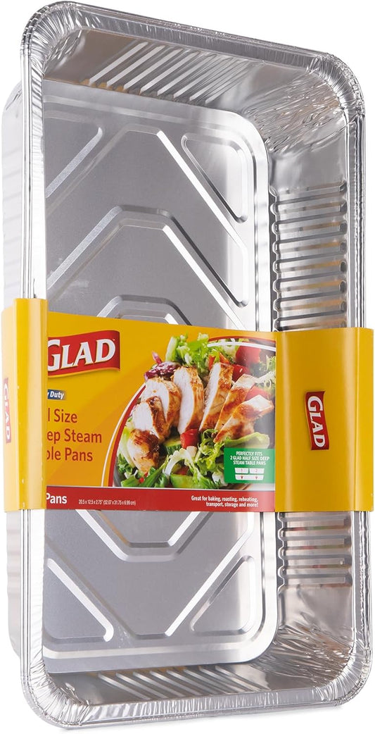 Glad Disposable Half Size Aluminum Steam Pans, Deep Heavy Duty Foil Pans for Steaming, Baking, Roasting, Meal Prep, Catering & Freezer Storage, 12.5 x 10.25 x 2.5 Inch, 2 Count