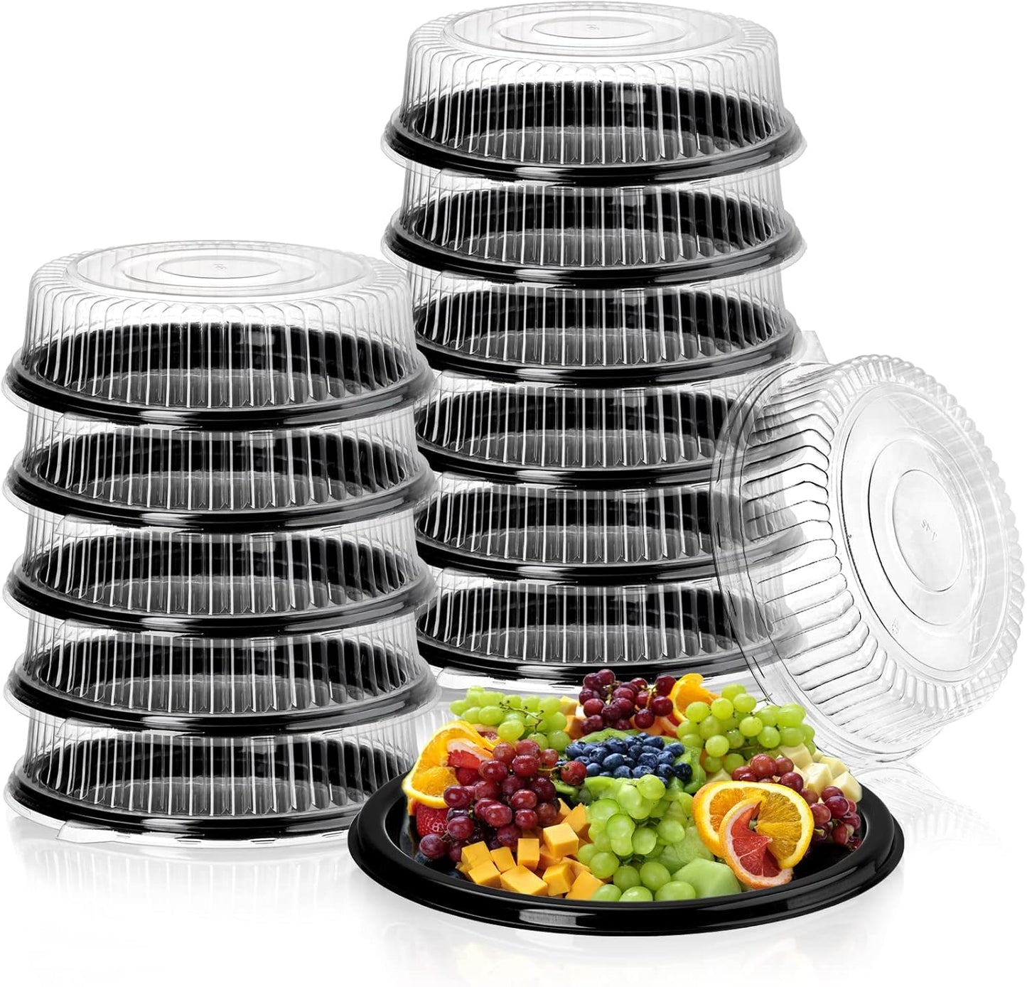 Frcctre 6 Pack 16 inch Plastic Serving Tray with Clear Lid, Heavy Duty Round Large Appetizer Serving Trays Catering Tray Party Platters for Vegetable Catering Picnic