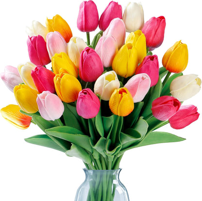 Sggvecsy 15 Pcs Fake Tulips Artificial Flowers Real Touch PU Faux Flowers Tulip Stems for Wedding Spring Bouquet Floral Arrangement Party Home Office Decorations for Mother’s Day (Multi Colors)