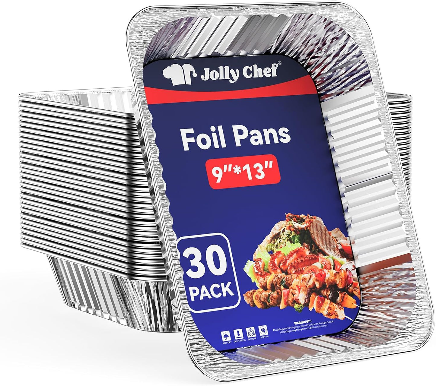 JOLLY CHEF 9×13 Aluminum Foil Pans (30 Pack) – Disposable Half Size Deep Steam Foil Pans for Roasting Turkey, Lasagna, Casseroles – Thanksgiving, Christmas, Parties, Catering