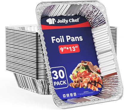 JOLLY CHEF 9×13 Aluminum Foil Pans (30 Pack) – Disposable Half Size Deep Steam Foil Pans for Roasting Turkey, Lasagna, Casseroles – Thanksgiving, Christmas, Parties, Catering