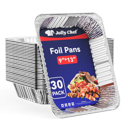JOLLY CHEF 9×13 Aluminum Foil Pans (30 Pack) – Disposable Half Size Deep Steam Foil Pans for Roasting Turkey, Lasagna, Casseroles – Thanksgiving, Christmas, Parties, Catering