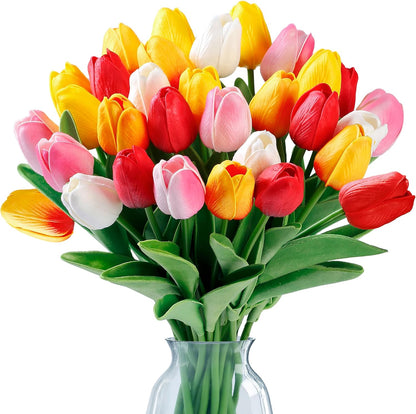 Sggvecsy 15 Pcs Fake Tulips Artificial Flowers Real Touch PU Faux Flowers Tulip Stems for Wedding Spring Bouquet Floral Arrangement Party Home Office Decorations for Mother’s Day (Multi Colors)