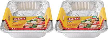 Glad Disposable Half Size Aluminum Steam Pans, Deep Heavy Duty Foil Pans for Steaming, Baking, Roasting, Meal Prep, Catering & Freezer Storage, 12.5 x 10.25 x 2.5 Inch, 2 Count