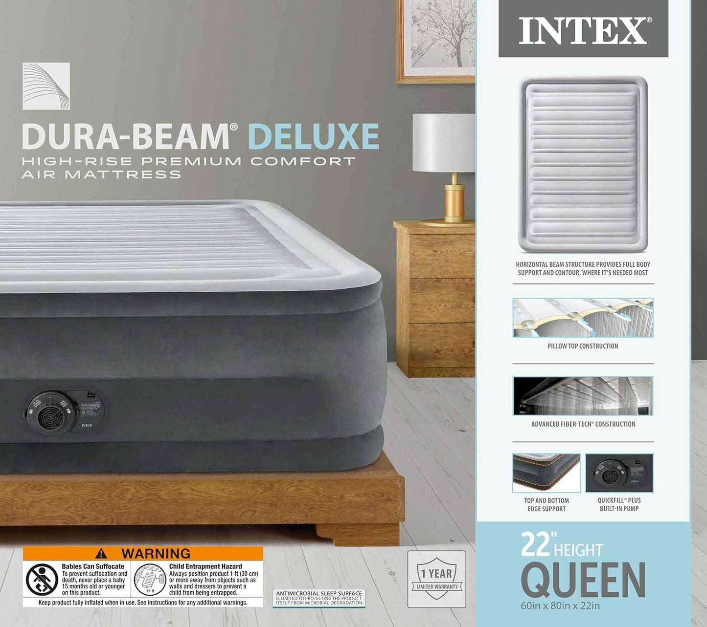 22in Queen Dura-Beam Comfort Plush High-Rise Inflatable Air Mattress