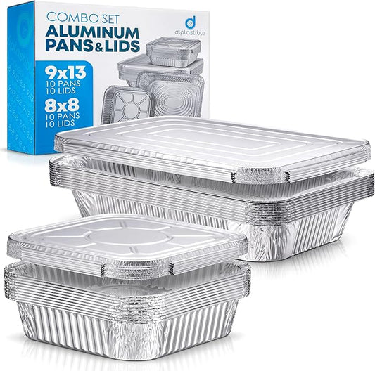 Diplastible Disposable Aluminum Pans With Lids, 9×13 (10pc) And 8×8 Square (10pc) Combo Set, Disposable Baking and Cake Pan (Pack of 20)