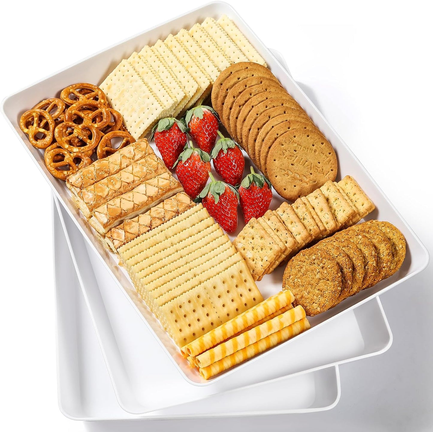 4-Pack Plastic 16″ x 11″ Large White Serving Trays Set – Reusable Serving Platters for Cookie, Appetizer, Charcuterie, Snack, Dessert, Party Food Display – Stackable Kitchen CounterTop Tray, BPA Free